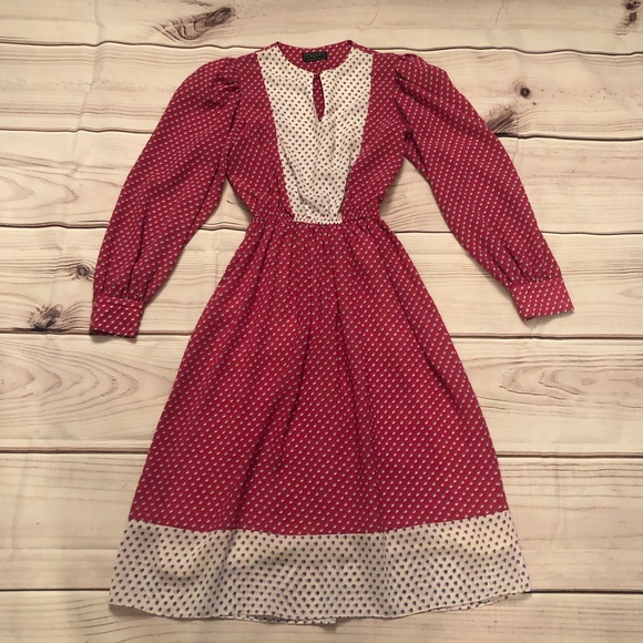 Vintage Cachet Bari Protas 60s 70s Milkmaid Prairie Polka  Dot Pink Midi Dress S - Picture 1 of 12